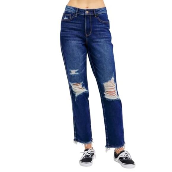 Judy Blue Denim - Judy Blue Straight Fit Distressed Raw Hem Jeans Dark Wash Blue Ripped Size 7/28